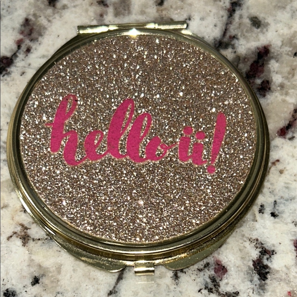 Glittery Gold Compact Mirror with Pink Text
